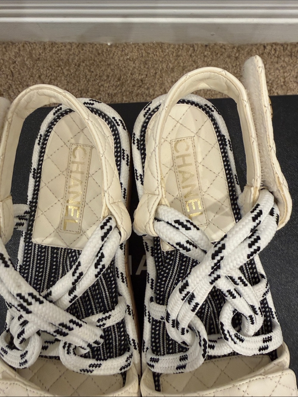 CHANEL Cruise Quilted Rope Sandals White Navy Cork Leather 37 Worn Once Full Set - Picture 3 of 10